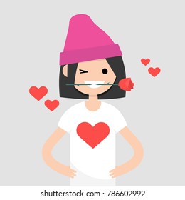 Romantic concept. Young female character holding a red rose in her mouth. Saint Valentines Day / flat editable vector illustration, clip art