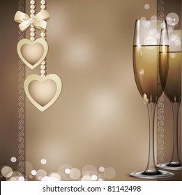 romantic congratulatory vector background with two glasses of white wine, pearls and two hearts