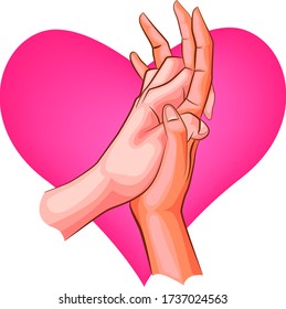 Romantic connection of hands on a background of pink hearts