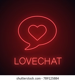 Romantic conversation neon light icon. Speech bubble with heart shape. Love chat glowing sign. Vector isolated illustration