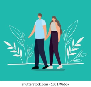 romantic cople in a green background vector illustration design
