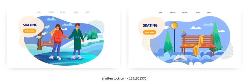 Romantic cople ice skating on a lake. Winter holiday sport activity vector concept illustration. Outdoor ice rink. Ice skating park with bench. Web site design template