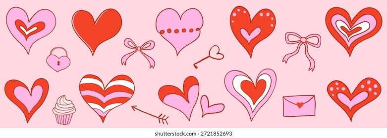 Conjunto de Vector de doodle coqueta romántico con corazones, lazos y Elementos de amor para diseños y tarjetas de felicitación del Día de San Valentín
