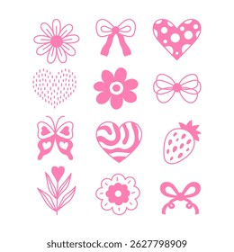 Romantic Coquette Doodles Set. Hand drawn pink elements for wedding design. Girlie flowers hearts bows berries icon symbols. Vector illustration