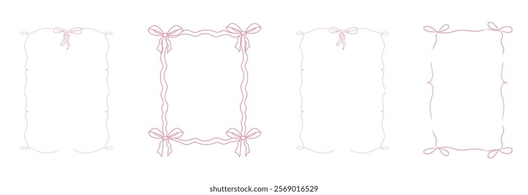 Romantic coquette ribbon frame, wedding ornate curly border collection. Hand drawn doodle sketch girly retro decorations.