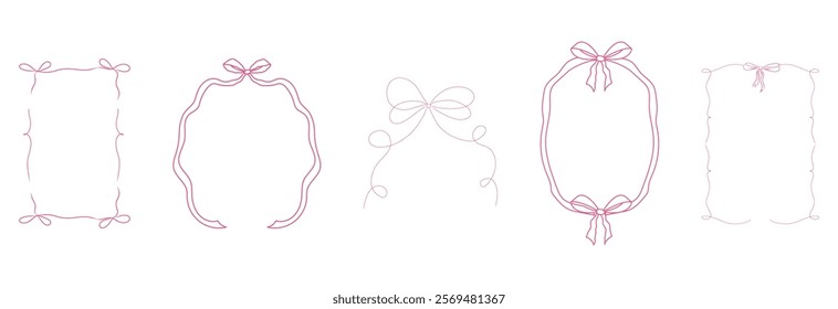 Romantic coquette ribbon frame, wedding ornate curly border collection. Hand drawn doodle sketch girly retro decorations.