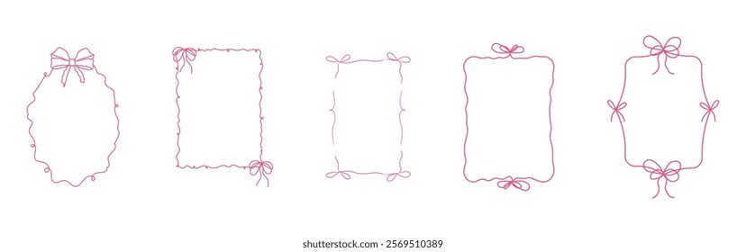 Romantic coquette ribbon frame, wedding ornate curly border collection. Hand drawn doodle sketch girly retro decorations.