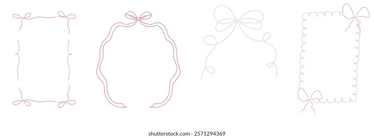 Romantic coquette ribbon frame, wedding ornate curly border collection. Hand drawn doodle sketch girly retro decorations.