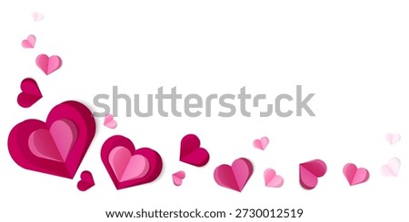 Romantic corner border design with layered pink and red hearts in paper cut style. Valentines Day cards,wedding invitations, love posters, banners,printables, and digital templates.Vector illustration