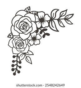 Romantische Ecke Rose Arrangement, Blumenstrauß Linie Design Element. Schwarz-weiße Vektorgrafik.