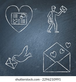 Romantic correspondence chalkboard icon set. Love mails, postman, postcrossing symbols. Vector illustration.