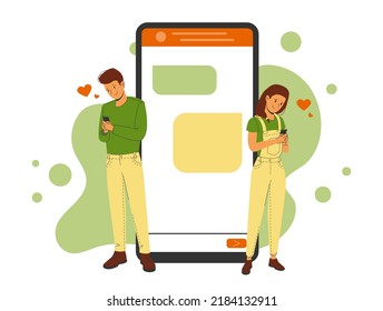 Romantic correspondence of a man and woman in love. Phone template with correspondence next to lovers