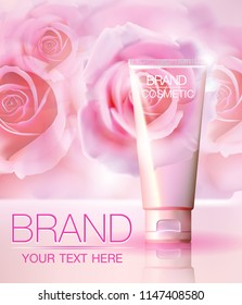 Romantic cosmetic ads, with realistic tube package on a rose abstract background. 