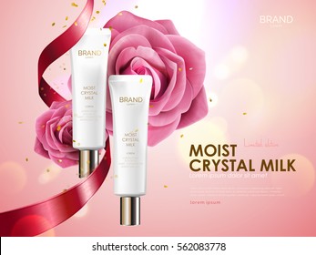 Romantic cosmetic ads, skin care set with ribbon and roses isolated on pink bokeh background, holiday limited edition in 3d illustration