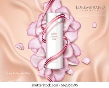 Romantic cosmetic ads, skin care container with ribbon and rose petals isolated on creamy velvet, holiday limited edition in 3d illustration
