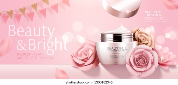 Romantic cosmetic cream banner ads with paper roses on bokeh pink background in 3d illustration