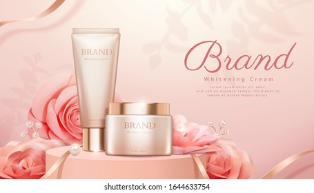 Romantic cosmetic products ads with pink paper roses and pearl decorations