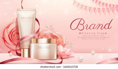 Romantic cosmetic products ads with pink paper roses and pearl decorations