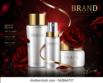 Romantic cosmetic set, beautiful red roses and golden ribbon isolated on dark red bokeh background in 3d illustration