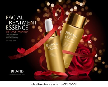 Romantic cosmetic set, golden facial essence with red roses red ribbons isolated on bokeh background in 3d illustration