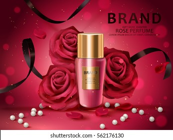 Romantic cosmetic set, rose perfume with red roses, white pearl and black ribbons isolated on red background in 3d illustration