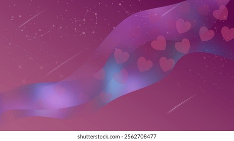 Romantic cosmic vector with aurora waves, floating hearts, and a dreamy starlit sky. Perfect for love-themed designs, Valentine’s Day, or celestial-inspired artwork.