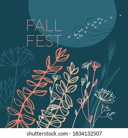 Romantic and cosy autumn plants composition on deep green background. Cosy elegant style composition for card, header, invitation, poster, social media, post publication.
