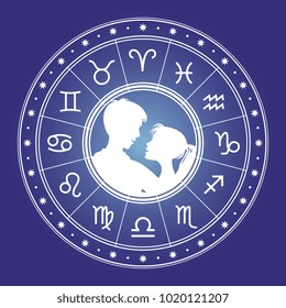 Romantic couple in astrologian circle - man and woman and horoscope circle. Vector illustration