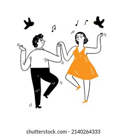 Romantic couple. Attractive young woman and handsome man are enjoying spending time together. Hand drawn vector illustration.