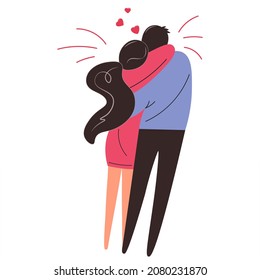 Pareja romántica, retrovista en pleno crecimiento. El chico y la chica están abrazando, el amor. Vector plano. Clipart aislado para la decoración, San Valentín, postal. Pareja de amantes, pareja de amigos, familia