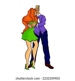 Romantic couple, back view in full growth. The guy and the girl are hugging, love. Flat vector. Isolated clipart for decoration, Valentine's Day, postcard. Couple of lovers, couple of friends, family