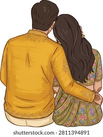 Romantic Couple Back View sitting Haldi Wedding design 