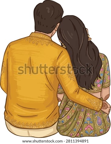 Romantic Couple Back View sitting Haldi Wedding design 