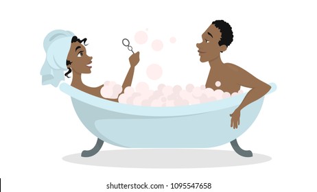 Romantic couple in bath together on white.