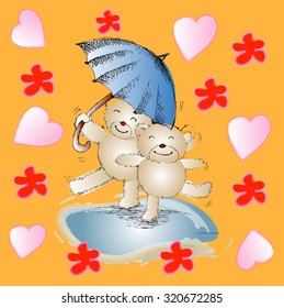 Romantic couple of bears under blue umbrella