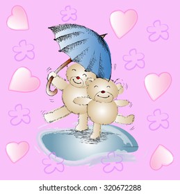 Romantic couple of bears under blue umbrella