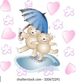 Romantic couple of bears under blue umbrella