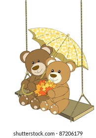 Romantic couple of bears under yellow umbrella