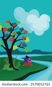 Romantic couple in a beautiful landscape. Romantic landscape vector illustration. 
landscape with river and sky vector illustration. 
