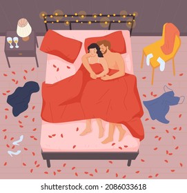 Romantic Couple In Bed. Man Hug Woman Sleep After Sex, Adult Sexual Relationship, Cute Intimate Love Bedroom Blanket, Romance Passion Relation Yong Married, Vector Illustration. Couple Romantic People