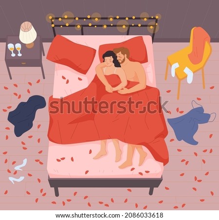 Romantic couple in bed. Man hug woman sleep after sex, adult sexual relationship, cute intimate love bedroom blanket, romance passion relation yong married, vector illustration. Couple romantic people
