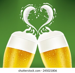 romantic couple of beer glass with foam like heart