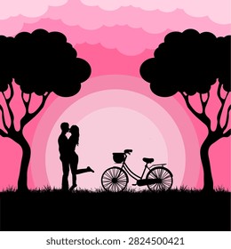 romantic couple with bicycle at sunset silhouette