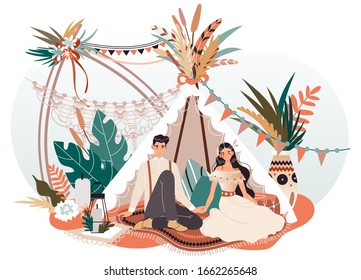 Romantic couple in boho style decorative tent, vector illustration. Happy man and woman together, hippie wigwam in romantic atmosphere. Boho decorations, couple holding hands, people cartoon character