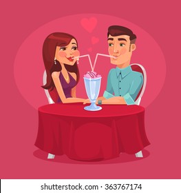 Romantic couple in the cafe. Vector flat illustration