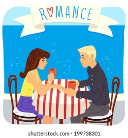 romantic couple at the cafe, vector illustration