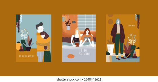 Romantic couple card set. Different types of relationships and love story. Woman hugs her partner or herself. Cute cartoon decoration for valentine's day or holidays. Isolated vector