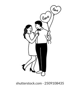 Romantic couple, carry balloons, handdrawn illustration