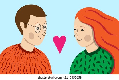 Romantic couple cartoon vector illustration. Smiling man and woman looking at each other.