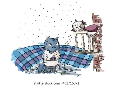 romantic couple. cat wakes up kitty a cup of coffee. fragrant smell. kitty lies on the rails